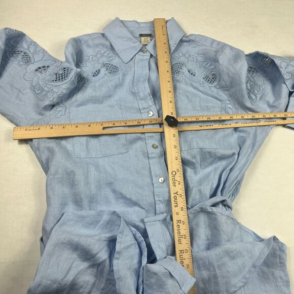 Magaschoni Linen Button Shirt Dress Blue Tie Waist Long Sleeve Embroidered M - Picture 6 of 9